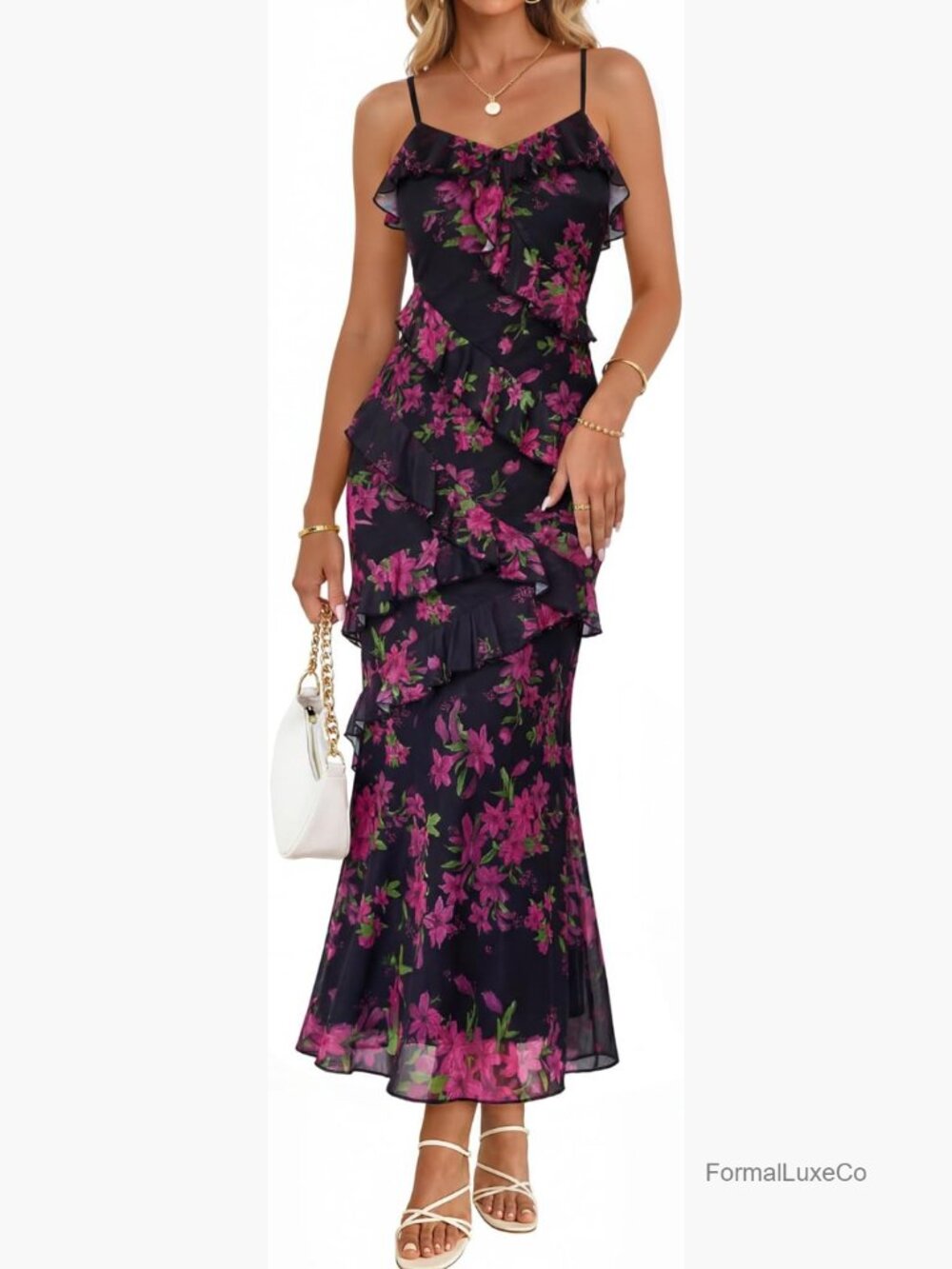Floral Maxi Dress Bodycon Ruffle Spaghetti Strap V-Neck Backless Cocktail